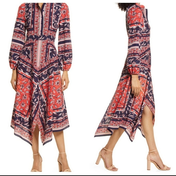 Vince Camuto Scarf Print Handkerchief Hem Long Sleeve Shirtdress - Picture 2 of 8